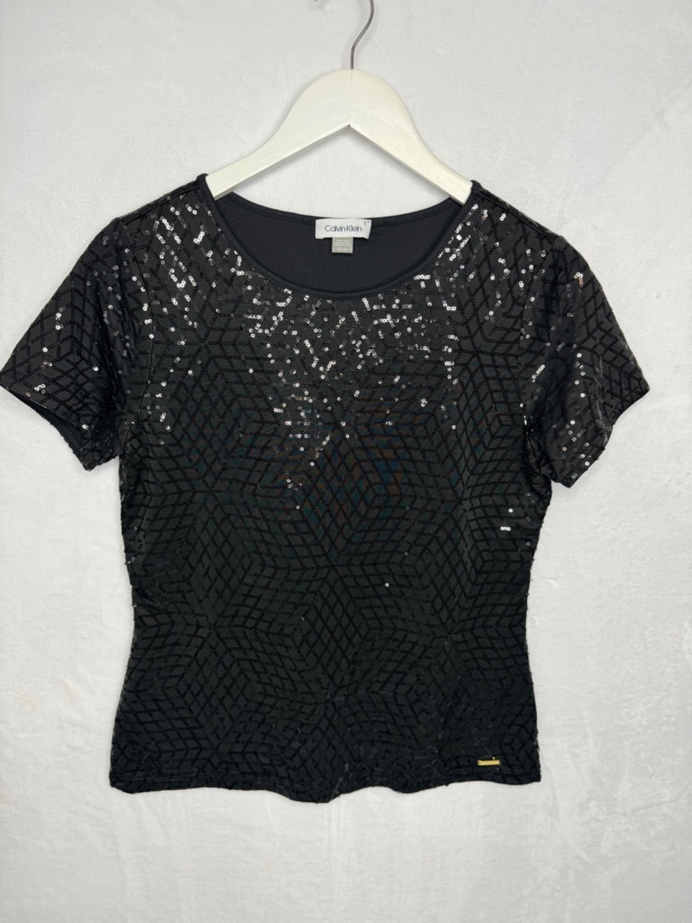 Calvin Klein Black Sequin Geometric Short Sleeve Top